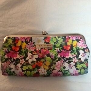 Tahari~ Wallet, Floral, kiss-lock, w silvertone hardware. RFI Protection.